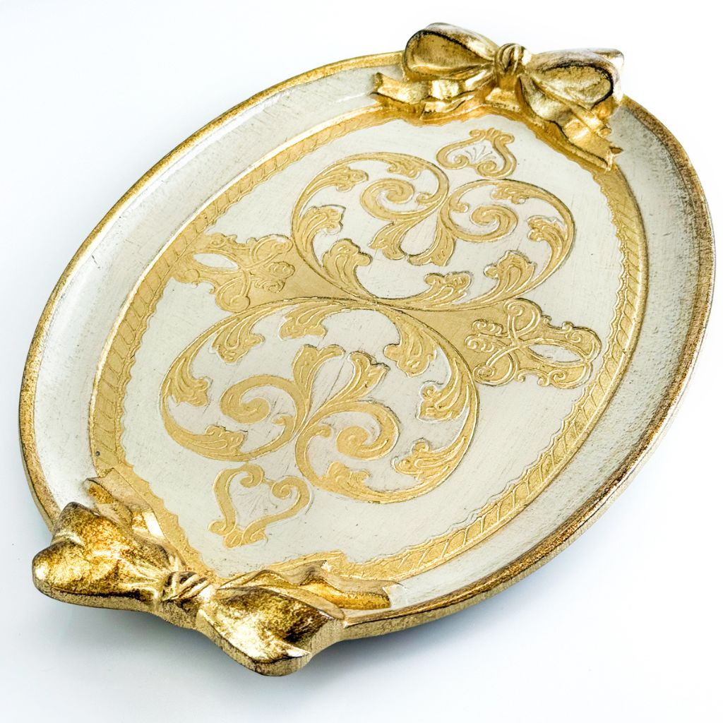 Decorative Florentine carved oval bow tray in various colors, made in Italy, featuring intricate Italian craftsmanship.