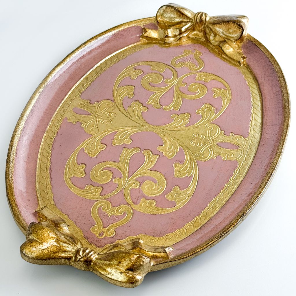 Decorative Florentine carved oval bow tray in various colors, made in Italy, featuring intricate Italian craftsmanship.