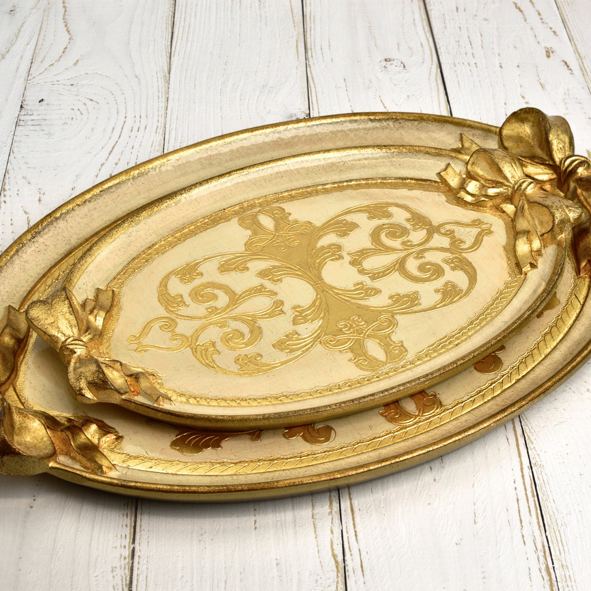 Florentine Carved Oval Bow Tray, Made in Italy