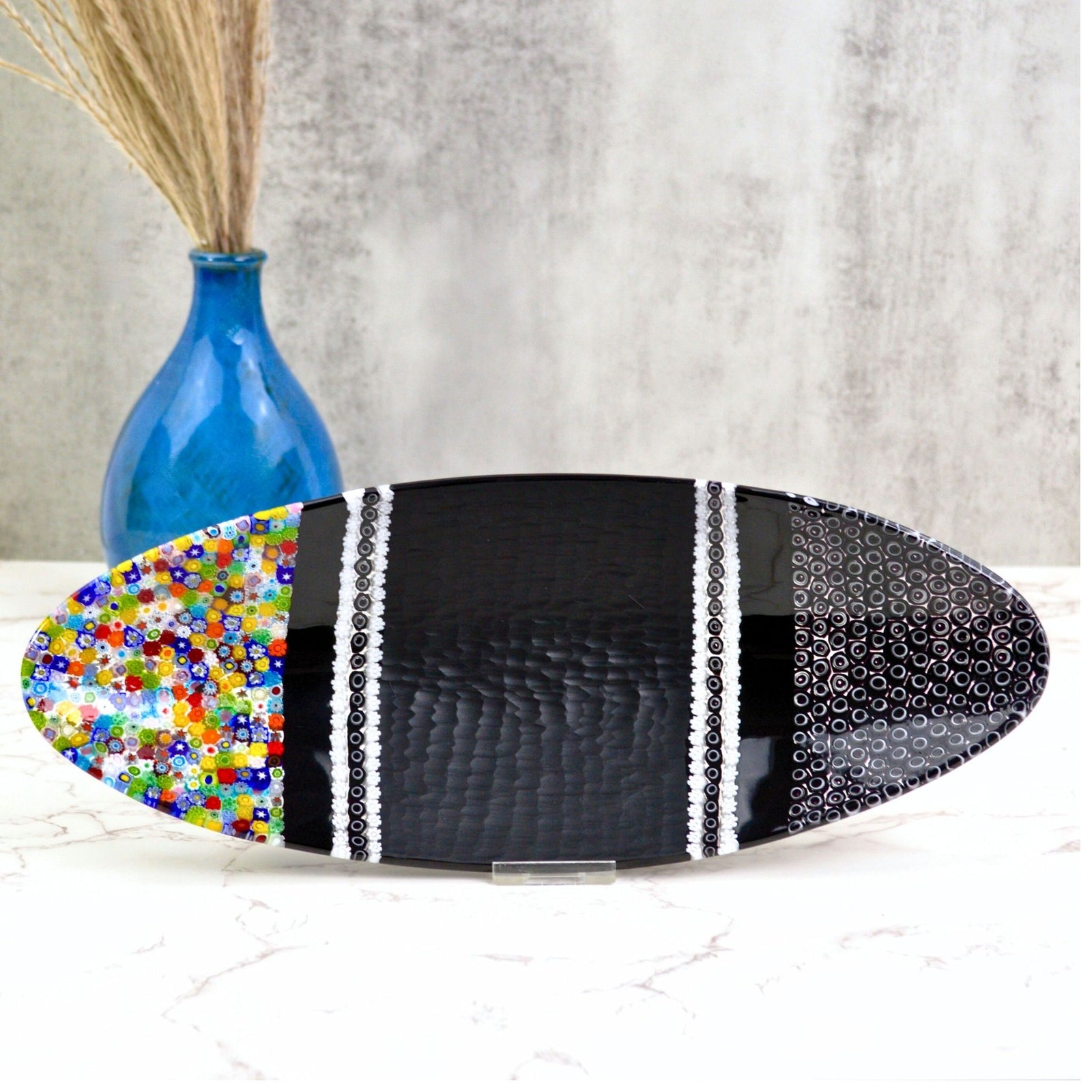 Large Oval Shaped Murano Glass Dish, Millefiori & Black Glass - My Italian Decor