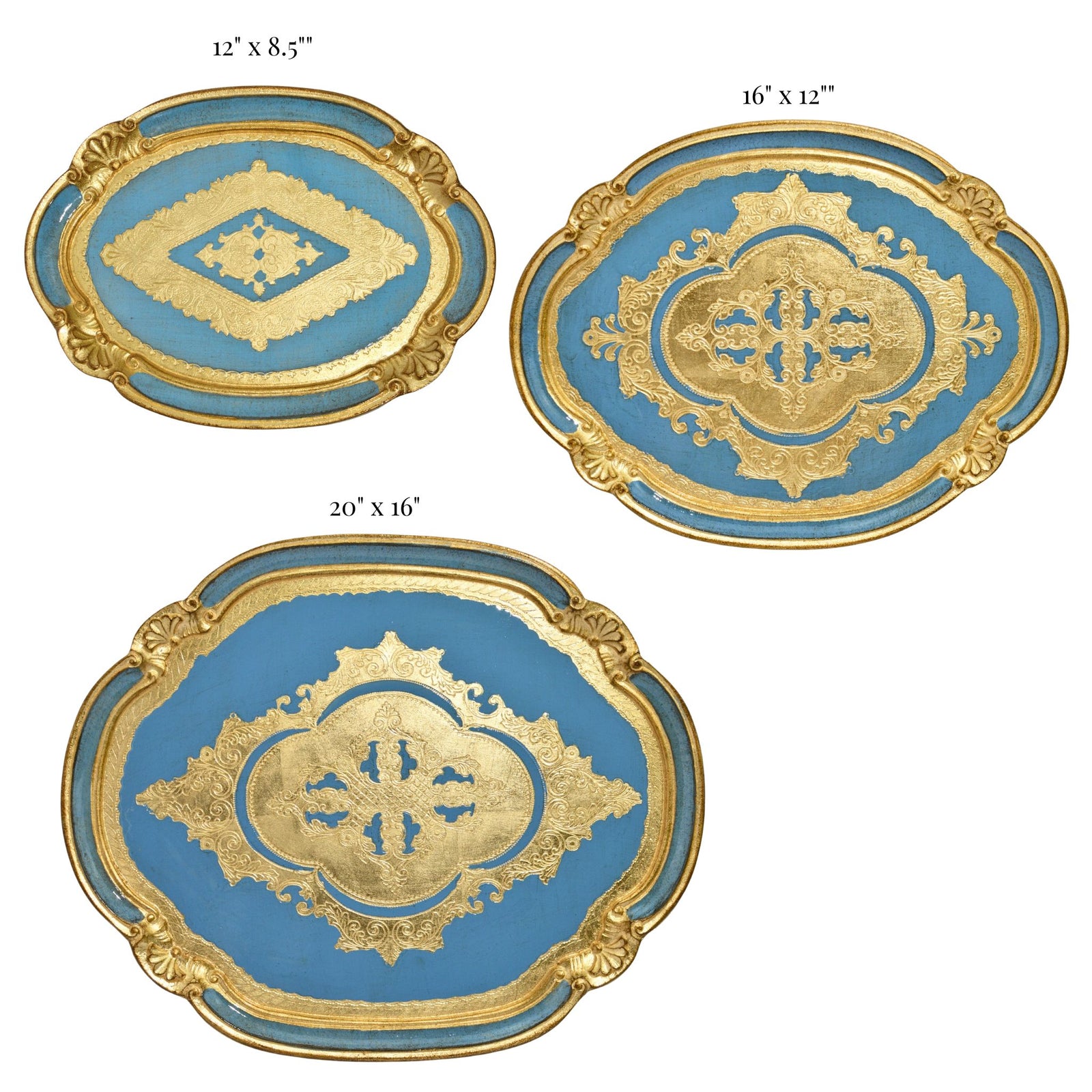 Decorative Florentine carved wood oval tray in multiple colors and sizes, ideal for elegant home decor.