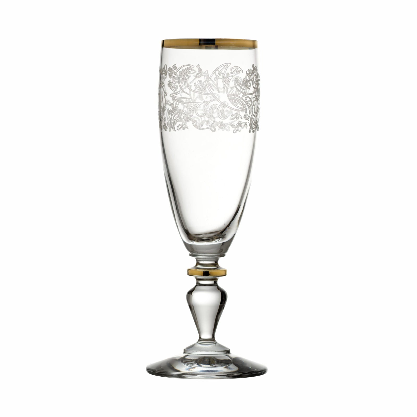 Set of 2 gold rim etched Italian Paolina champagne flutes by My Italian Decor, elegant clear glass with gold accents.