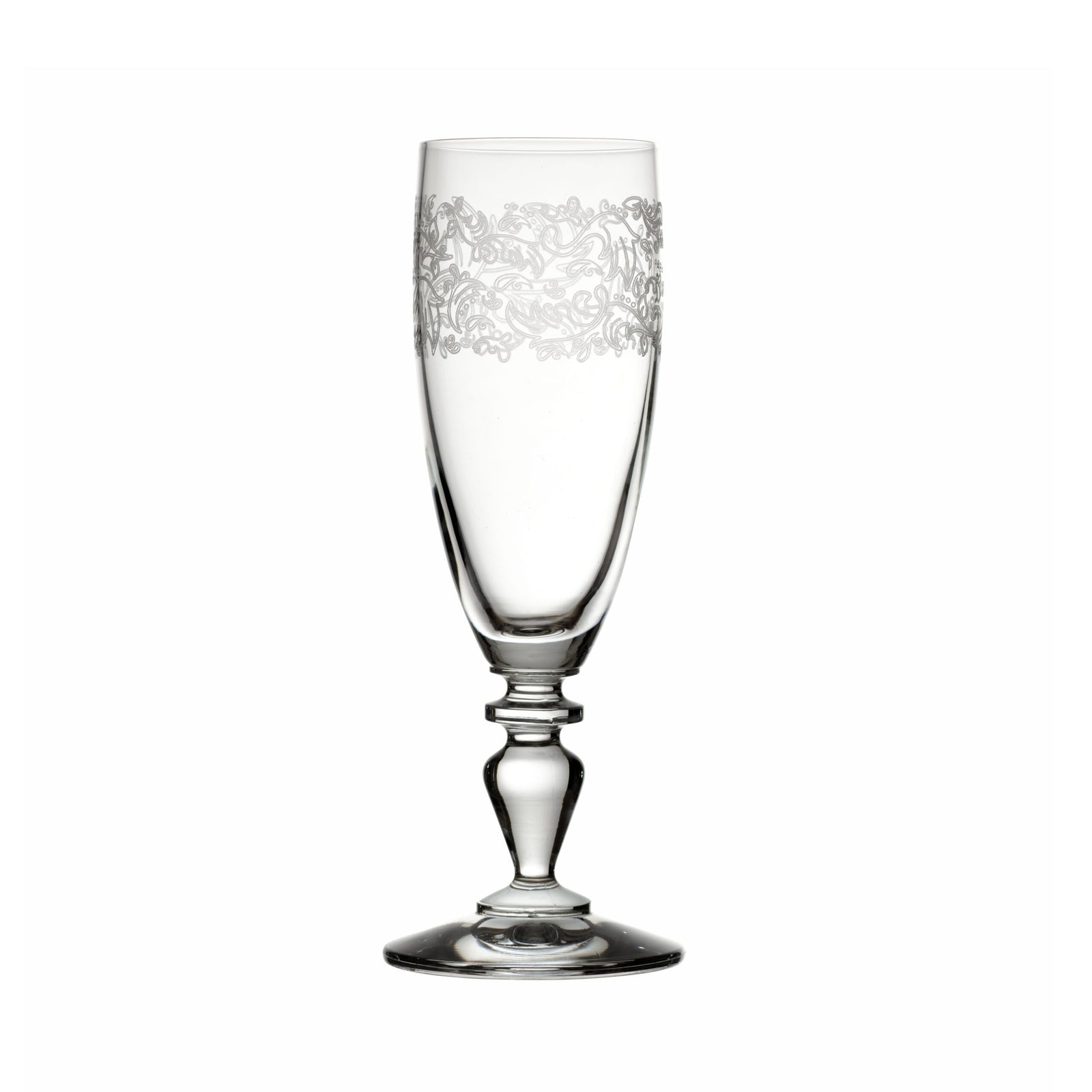 Set of 2 etched Italian Paolina champagne flutes by My Italian Decor, featuring elegant design and clear glass with etched details.