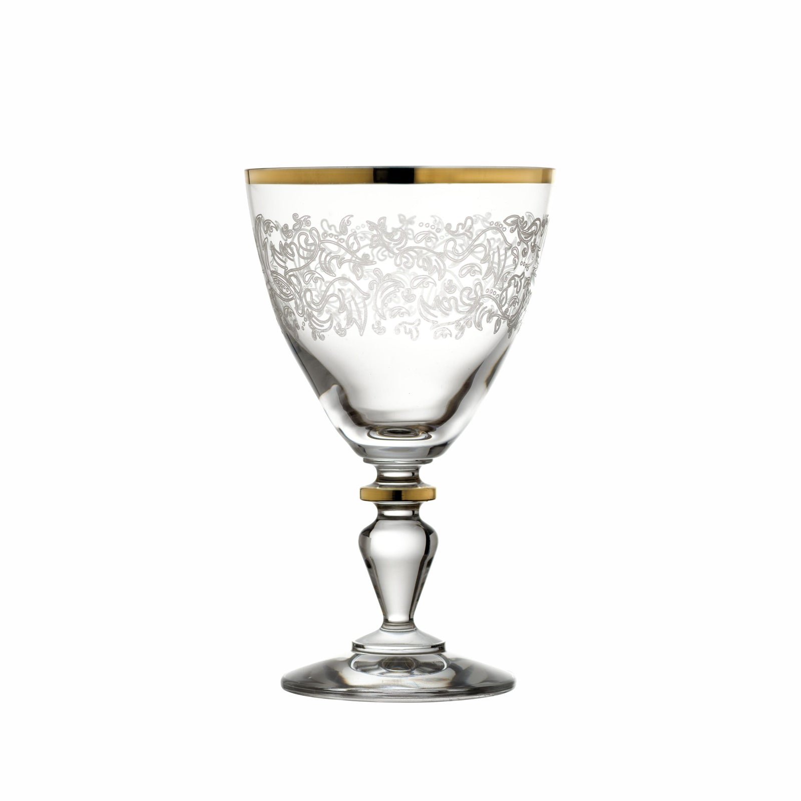 Set of 2 Italian Paolina wine goblets with gold etched rims, elegant crystal wine glasses by My Italian Decor.