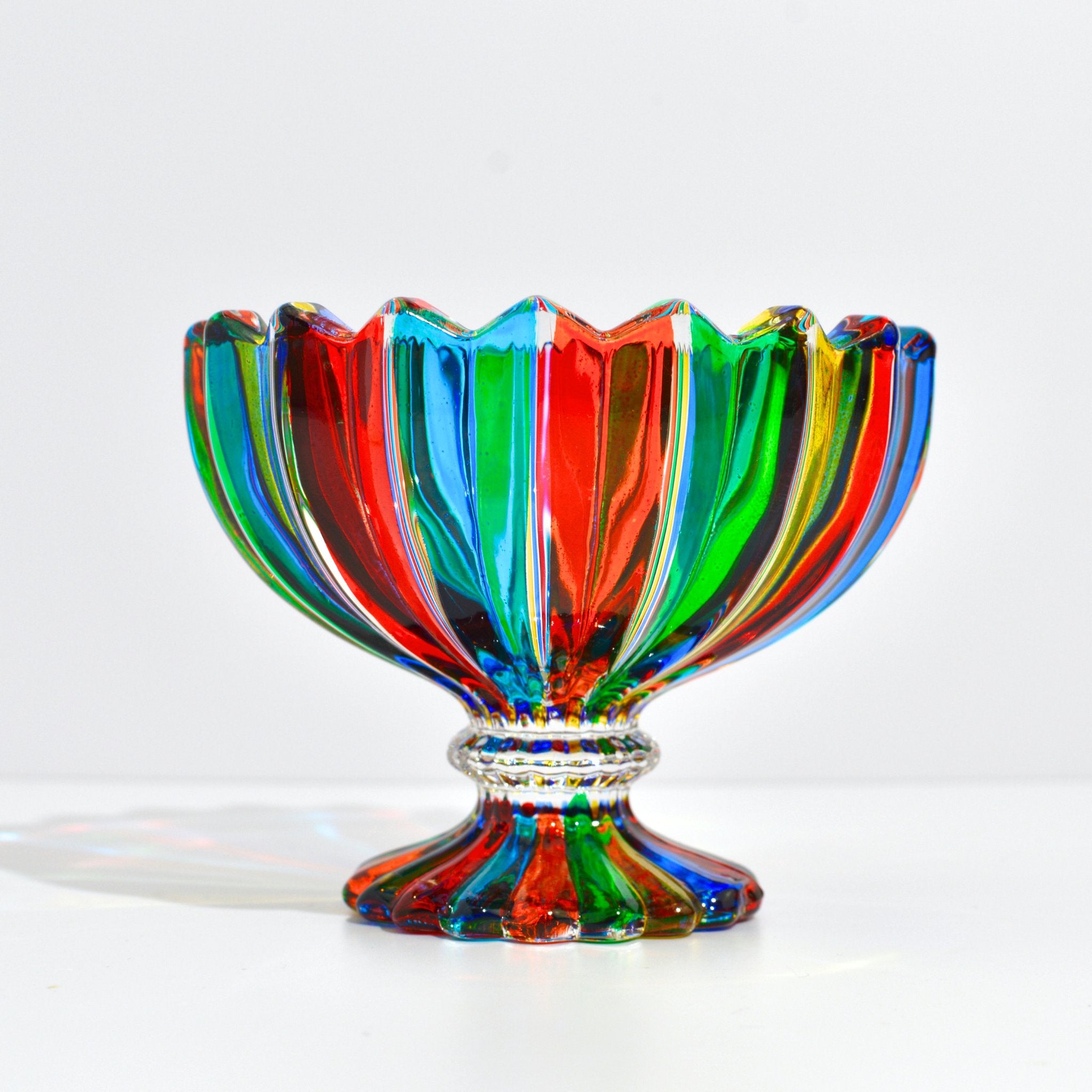 Italian Crystal Small Pedestal Candy Bowl hand painted in bright red, green, blue.