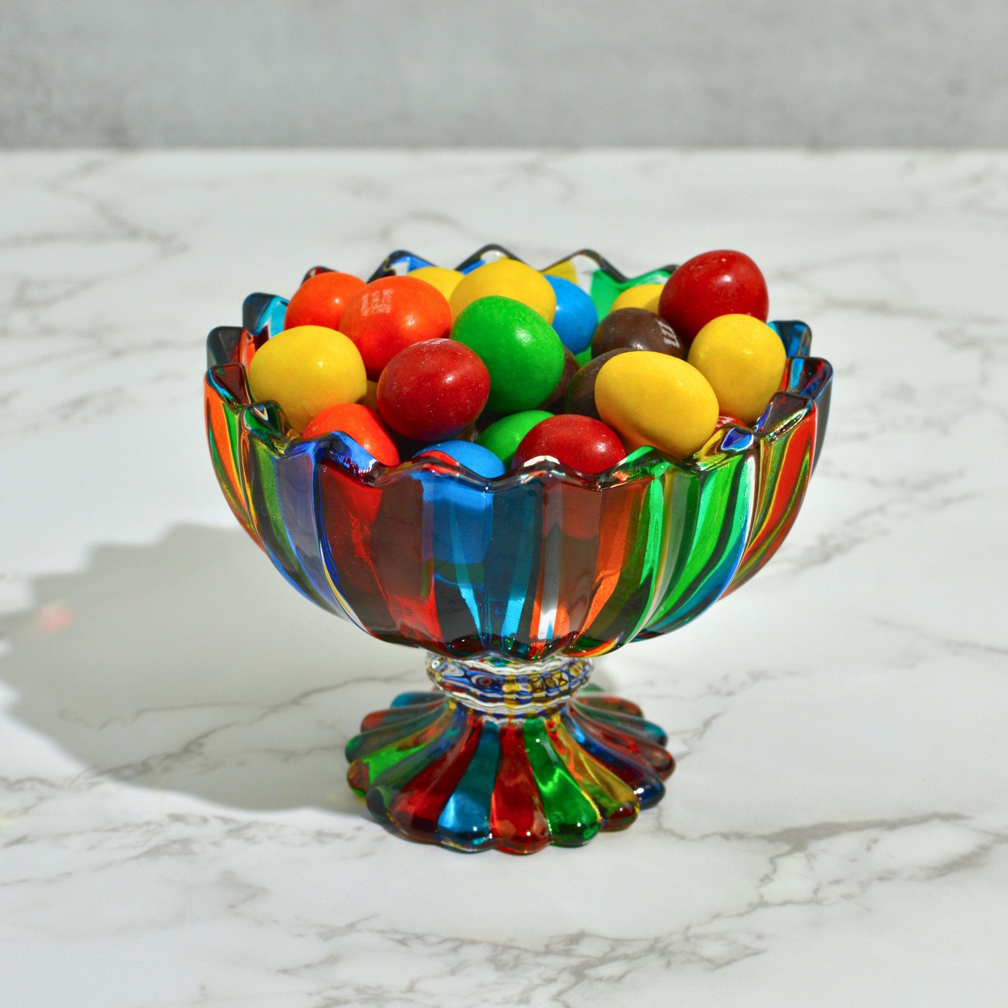 Italian Crystal Small Pedestal Bowl filled with peanut candies.