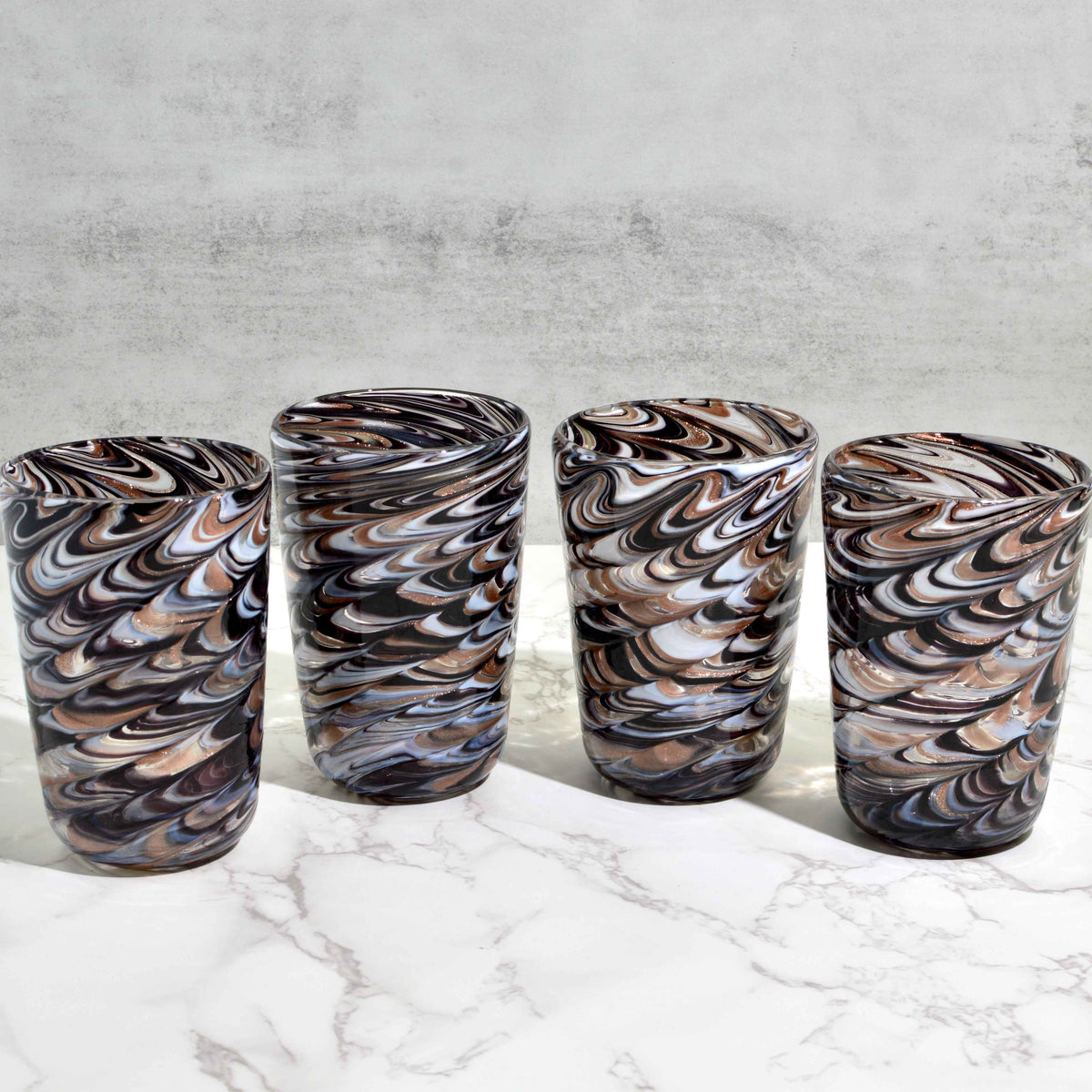 Pavone Murano Glass Tumbler, Black and Avventurina Marbled Glass