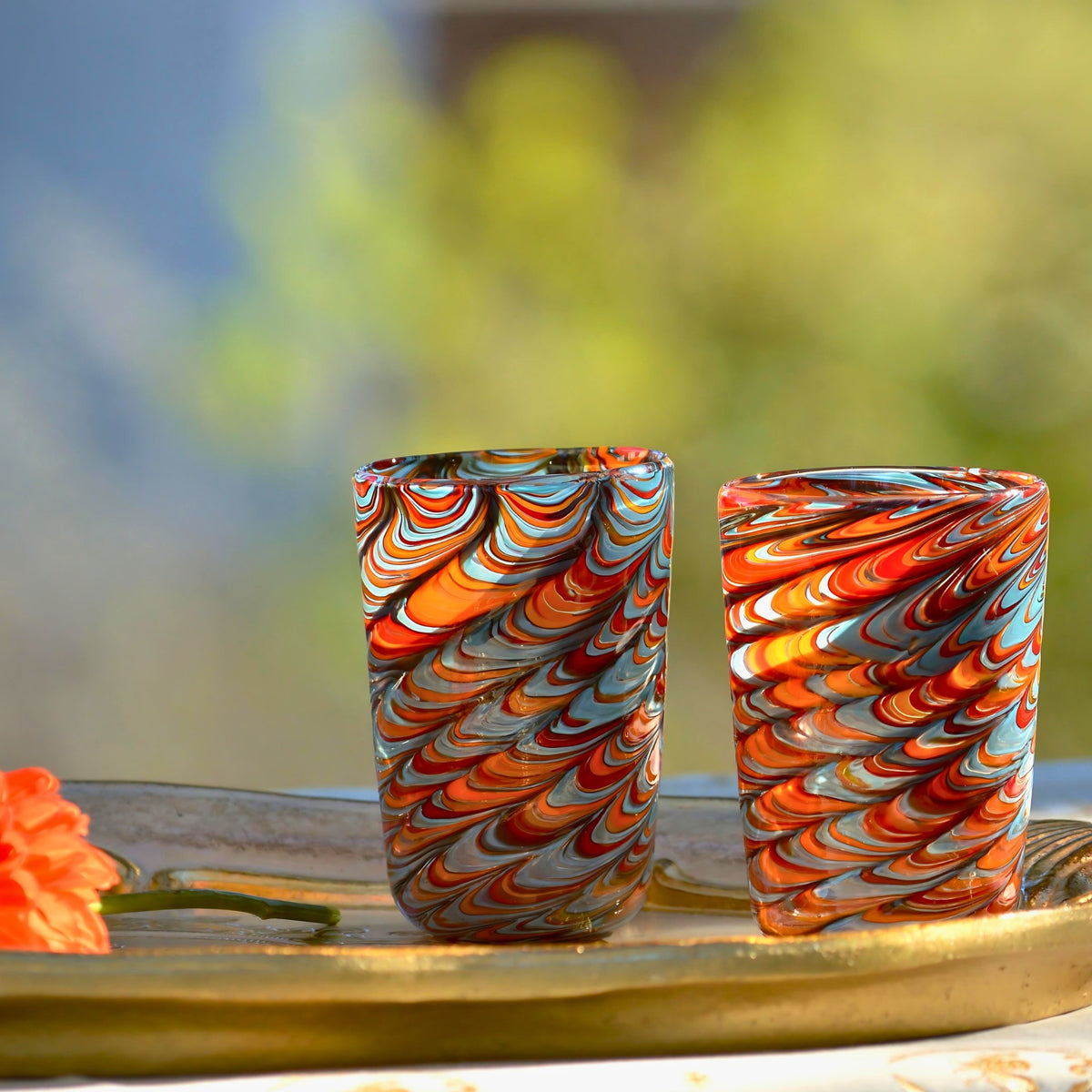 Pavone Murano Glass Tumbler, Orange and Multi, Set of 2