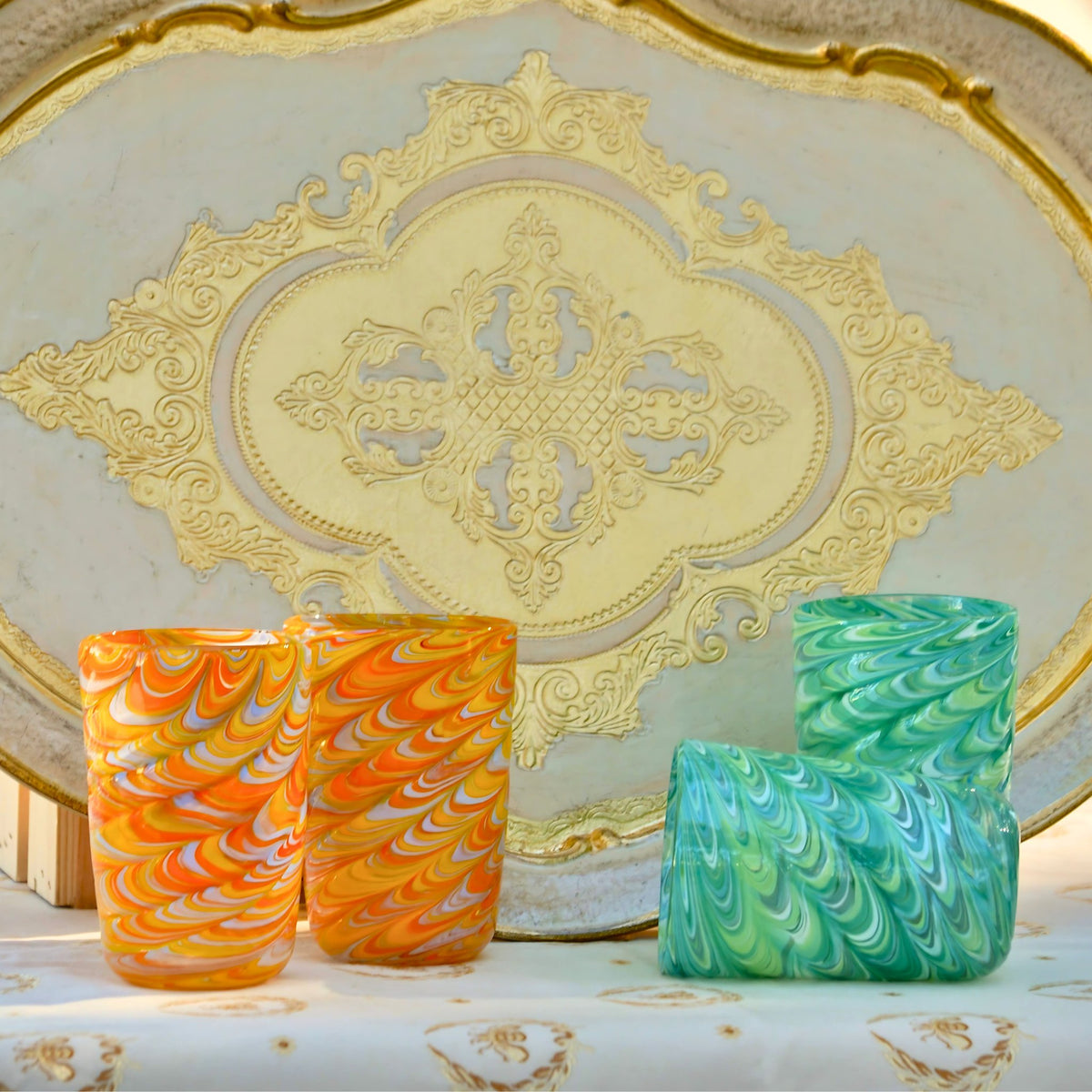 Pavone Murano Glass Tumbler, Orange Marbled Glass