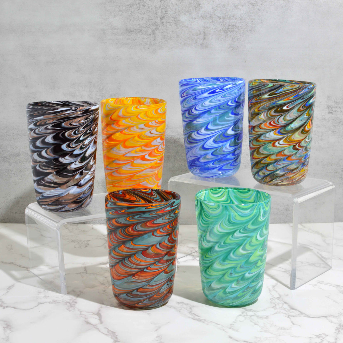 Pavone Murano Glass Tumbler, Orange Marbled Glass