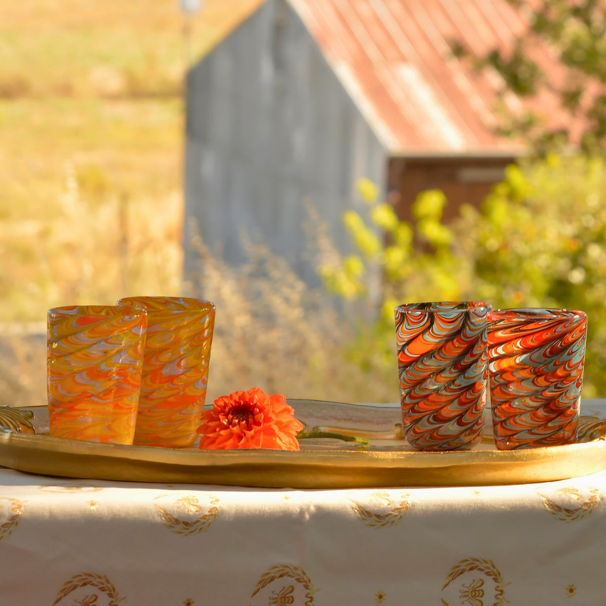 Pavone Murano Glass Tumbler, Orange Marbled Glass