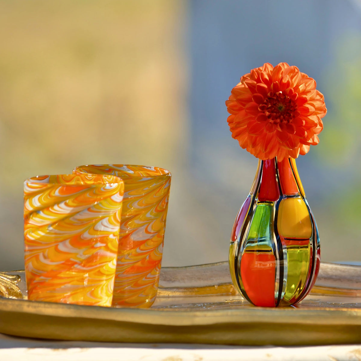 Pavone Murano Glass Tumbler, Orange Marbled Glass