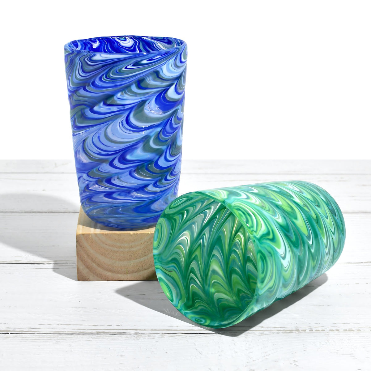 Pavone Murano Glass Tumbler, Blue and Green, Set of 2