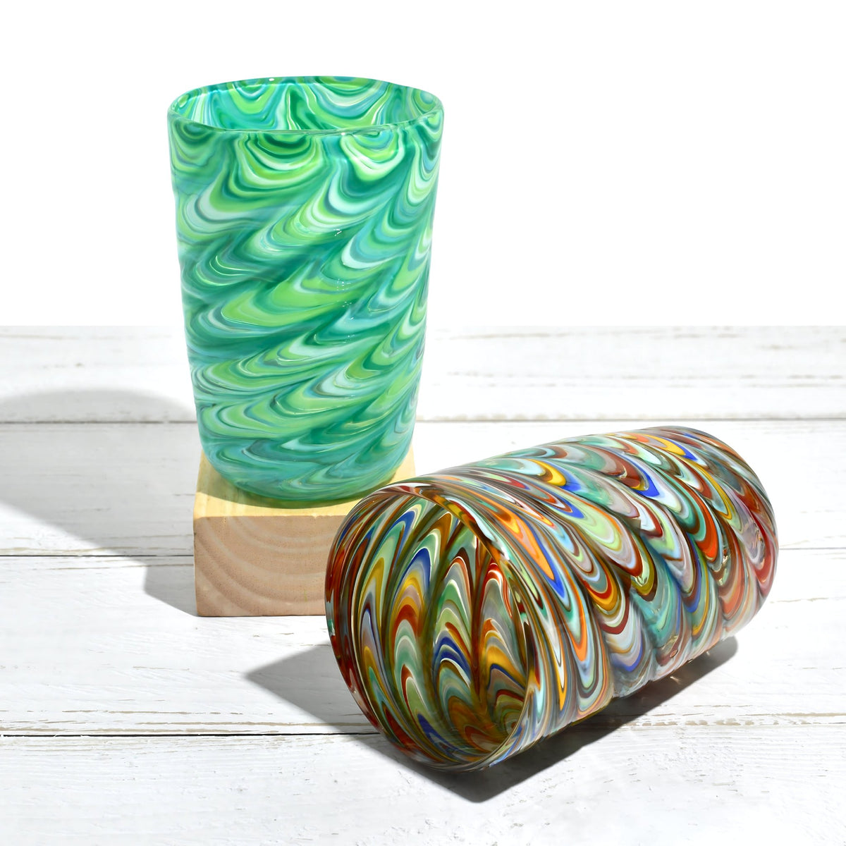 Pavone Murano Glass Tumbler, Green and Multi, Set of 2