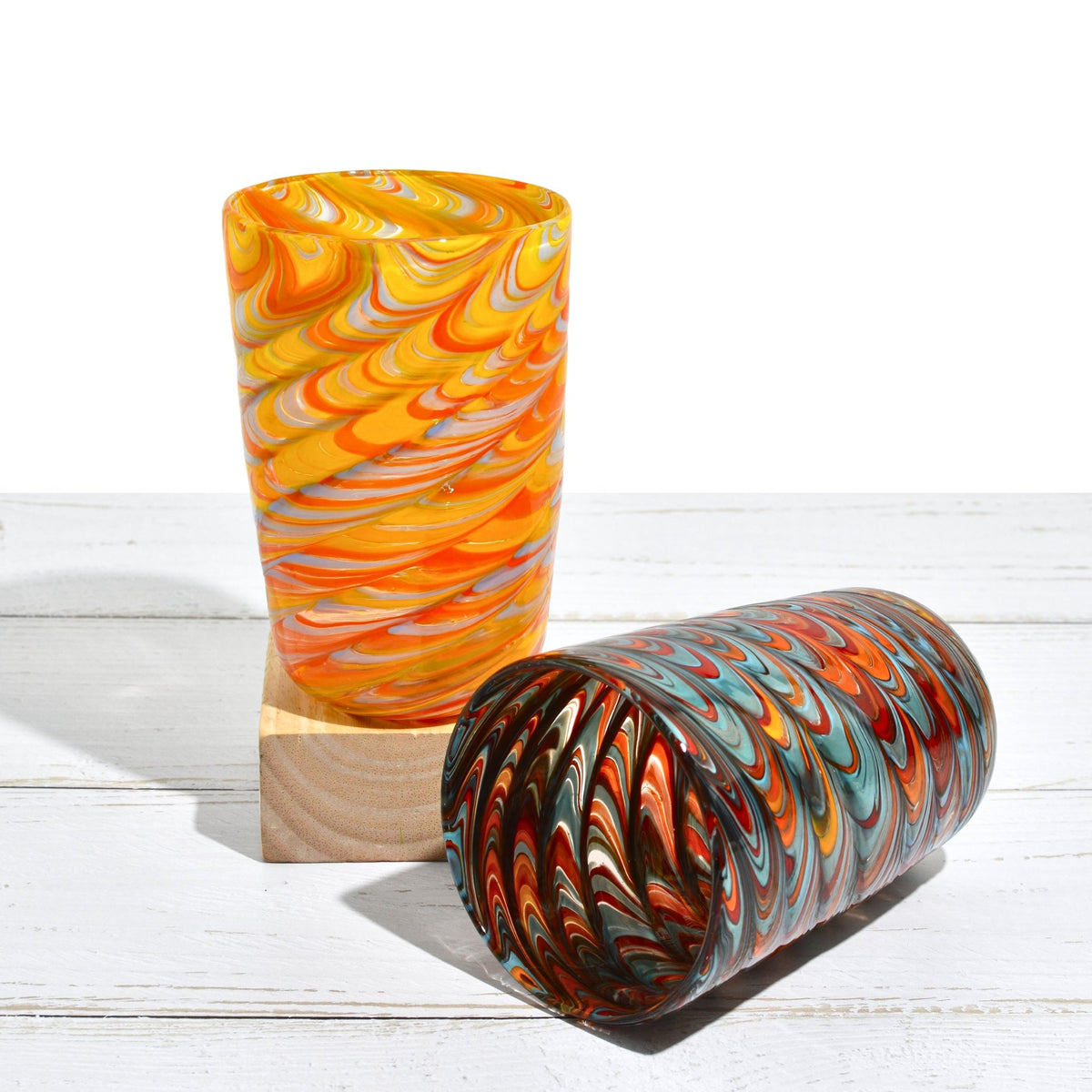 Pavone Murano Glass Tumbler, Orange and Multi, Set of 2