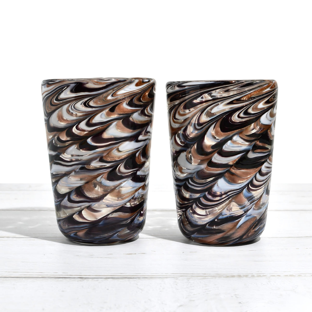 Pavone Murano Glass Tumbler, Black and Avventurina Marbled Glass