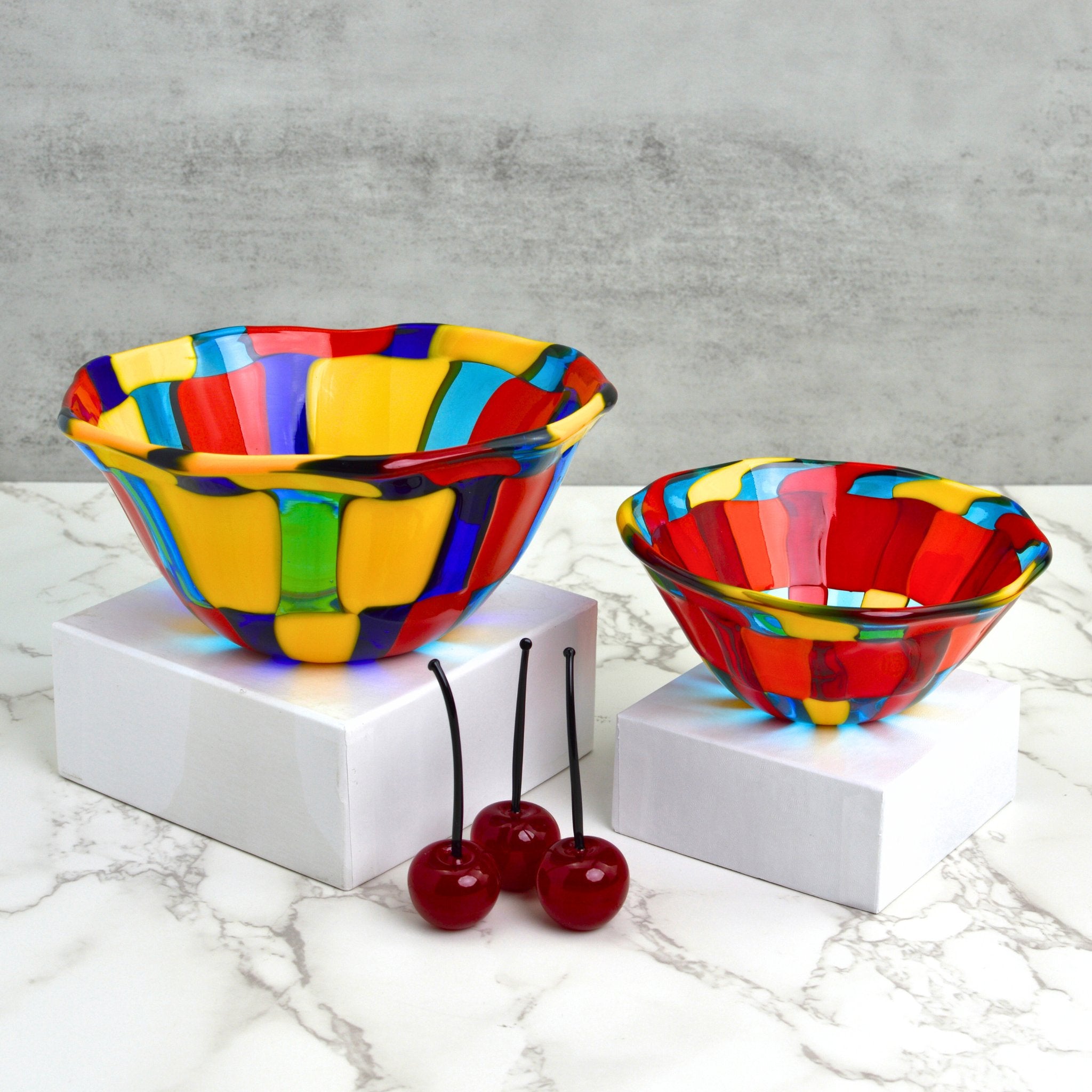 Hand-blown Murano glass candy bowl in vibrant multi-colors, made in Italy.