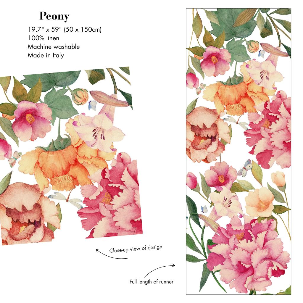 Peony linen table runner with floral design, 19.5 x 59 inches, made in Italy, from My Italian Decor.