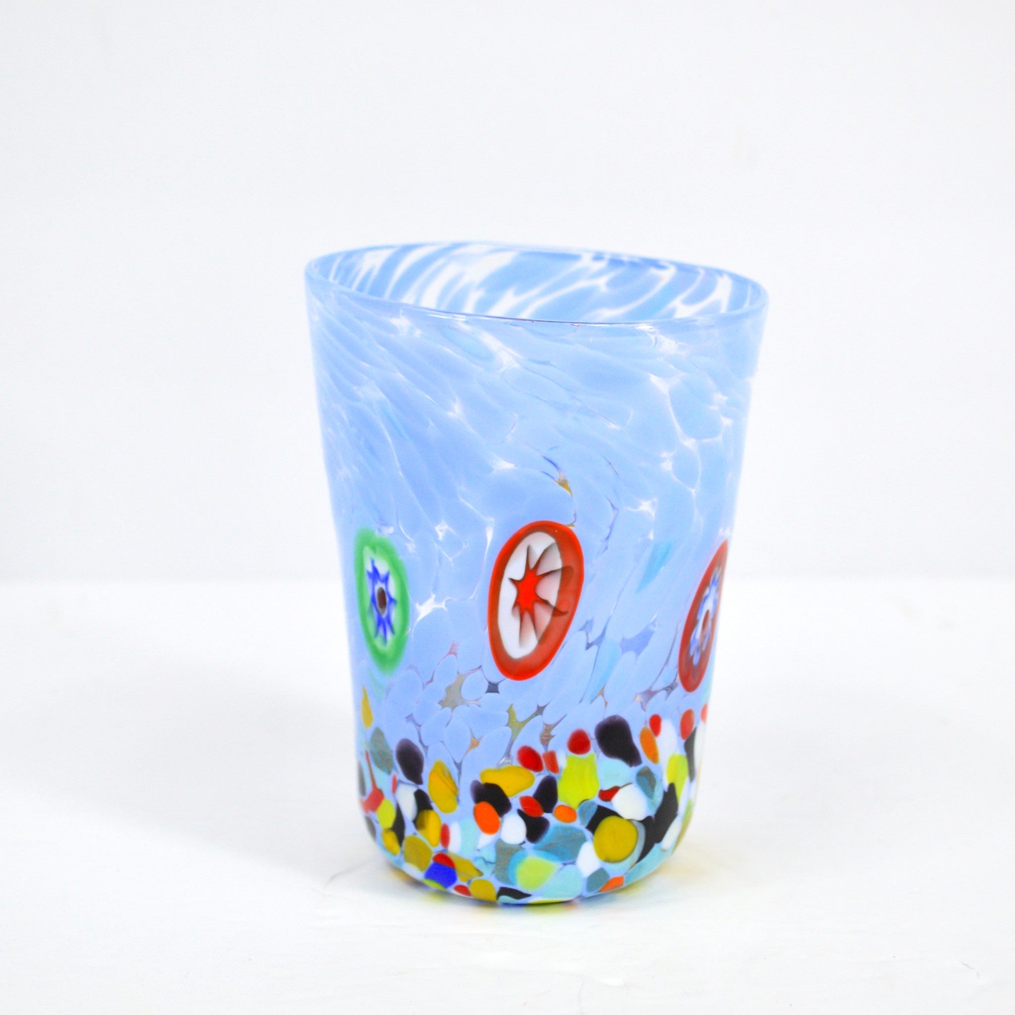 Periwinkle Medici Murano glass tumbler with Millefiori design, handcrafted drinking glass from MyItalianDecor.