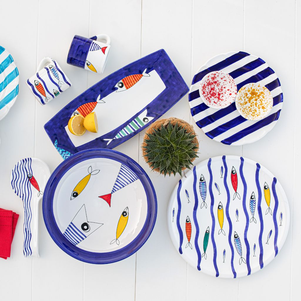 Vietri Pesce Pazzo rectangular platter with vibrant fish-themed design, ideal for serving appetizers or main dishes.
