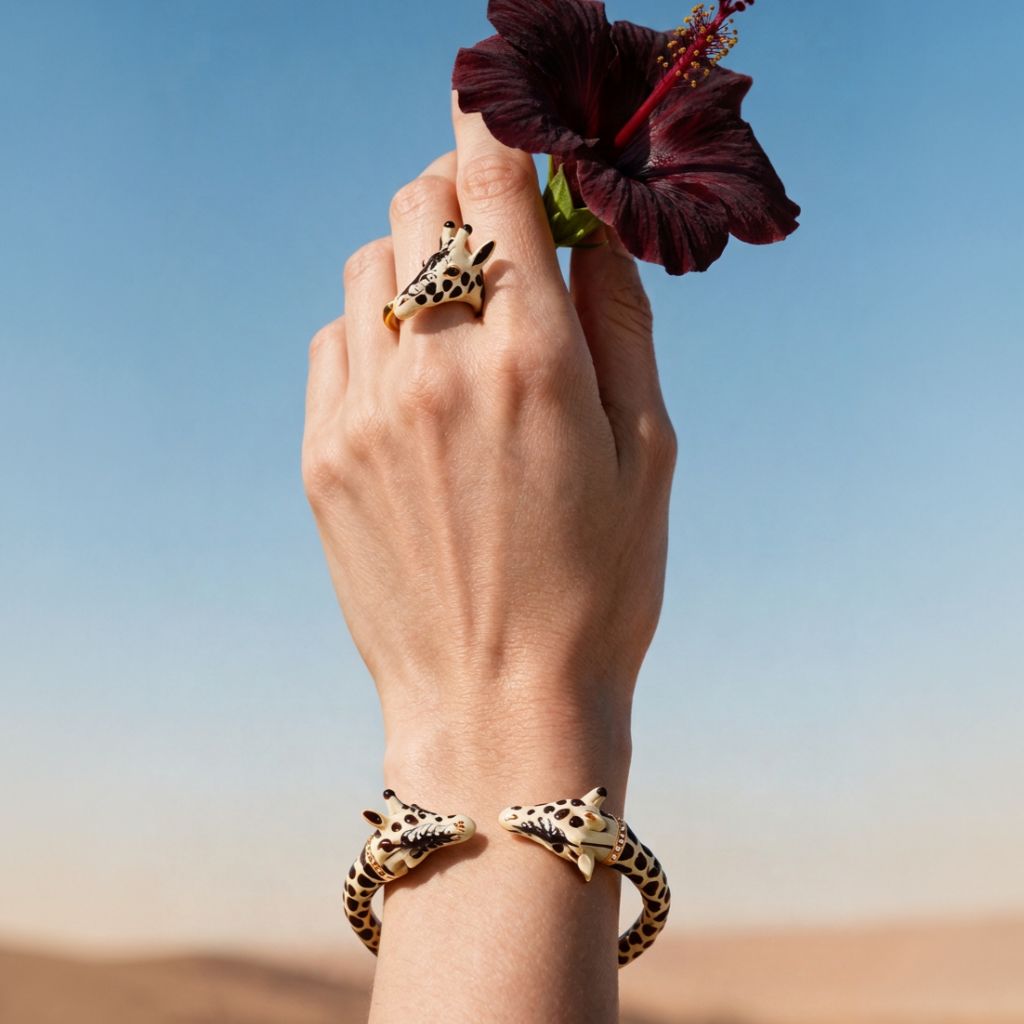 Polina Firenze giraffe enamel jewelry set modeled on hand, made in Italy