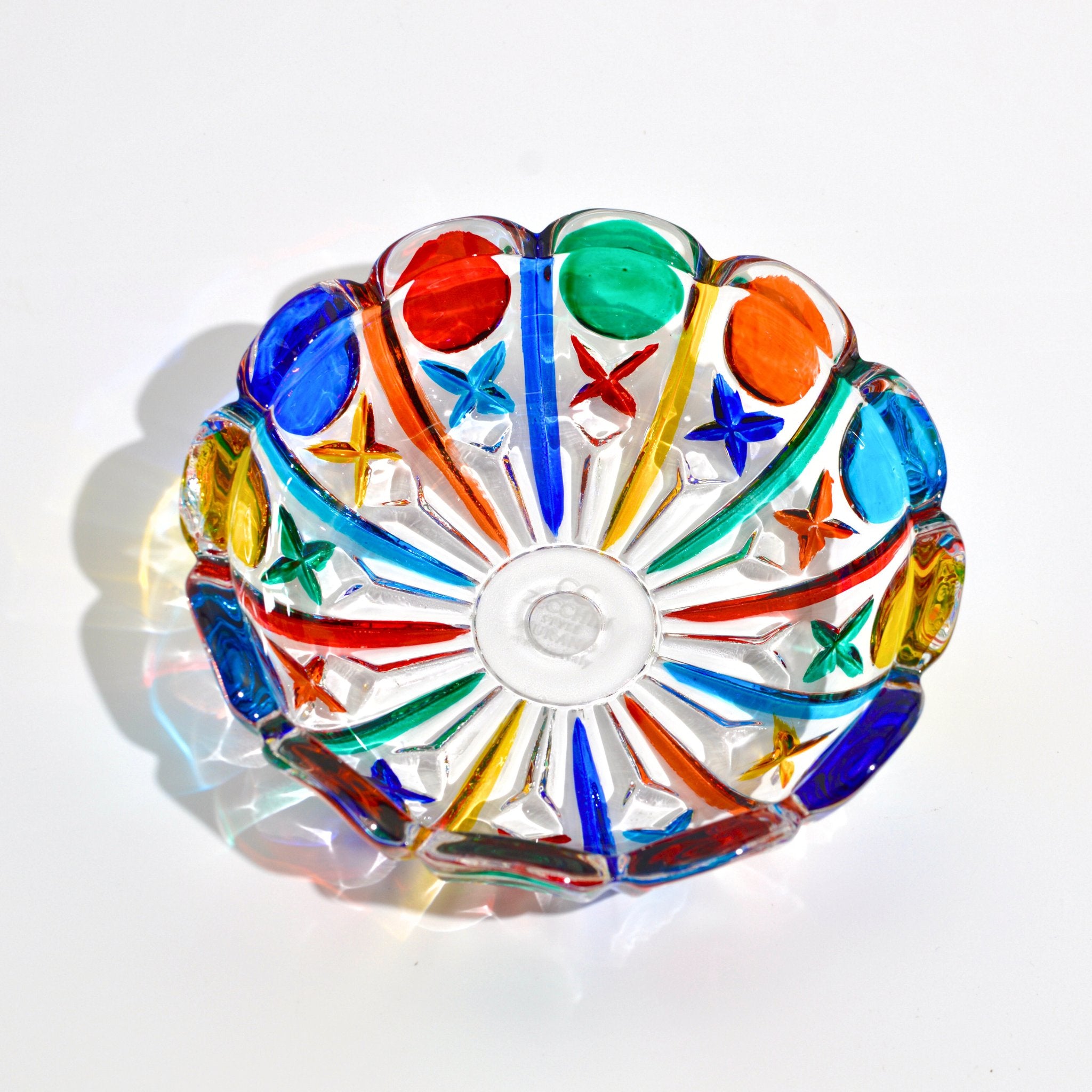 Small Piccola Italian crystal decorative bowl by MyItalianDecor, shown from a top view with intricate crystal details.
