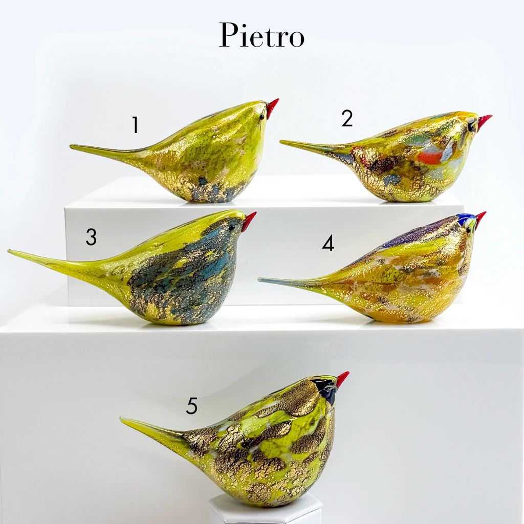 Hand-blown Murano glass Chirpie bird figurine by Pietro, Italian artisan craft, vibrant colors and intricate detailing.