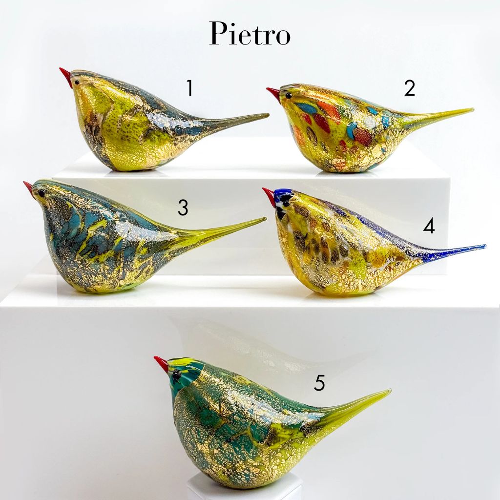 Yellow and gold Murano glass Chirpie bird figurine by Pietro, handcrafted Italian blown glass art from MyItalianDecor.