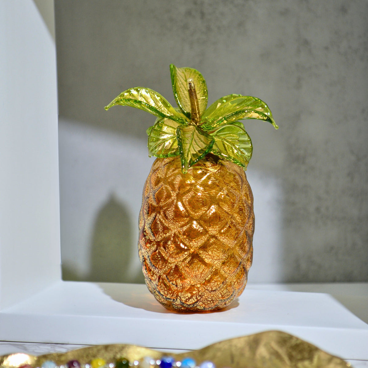 Murano Blown Glass Pineapple, Amber with 24k Gold, Made in Italy
