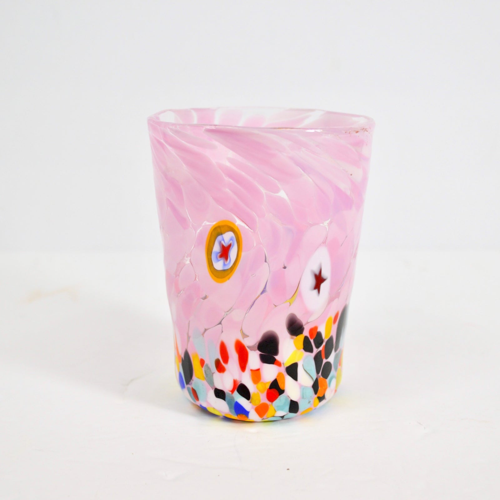 Medici Murano Glass Tumbler by MyItalianDecor featuring colorful Millefiori design, hand-blown drinking glass for elegant beverage service.