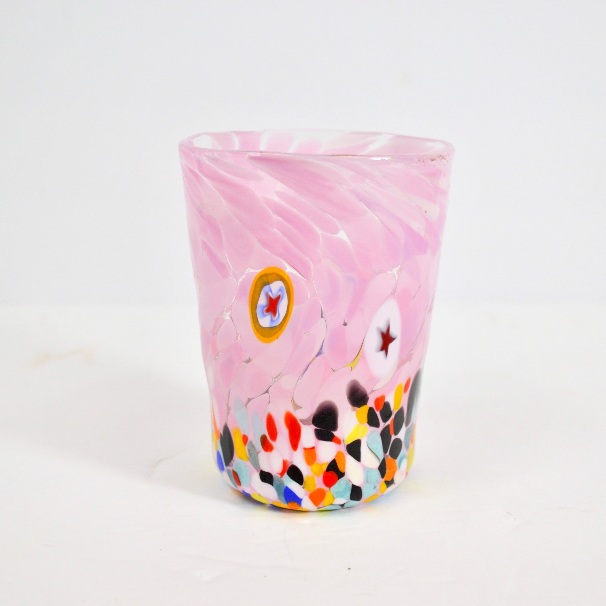 Pink Murano glass tumbler with Millefiori design, handcrafted Italian drinking glass by MyItalianDecor.