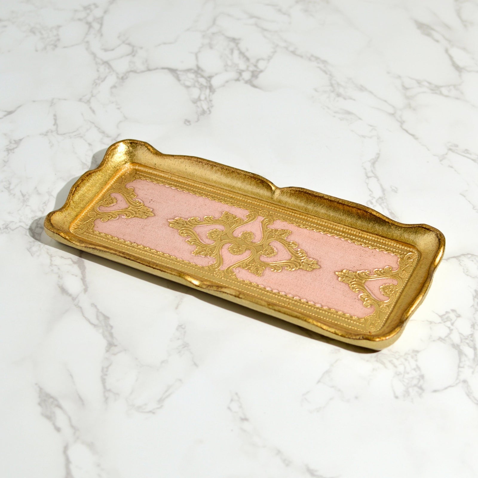 Close-up of a Florentine carved gilded wood decorative tray from Italy, showcasing intricate details and elegant craftsmanship.
