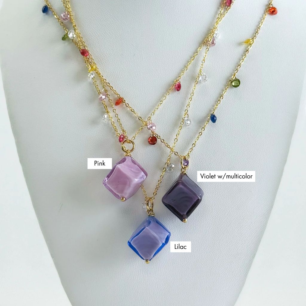 Handcrafted Murano Glass Dolce Necklace with pink and purple beads, made in Italy, featuring elegant, colorful glass jewelry.