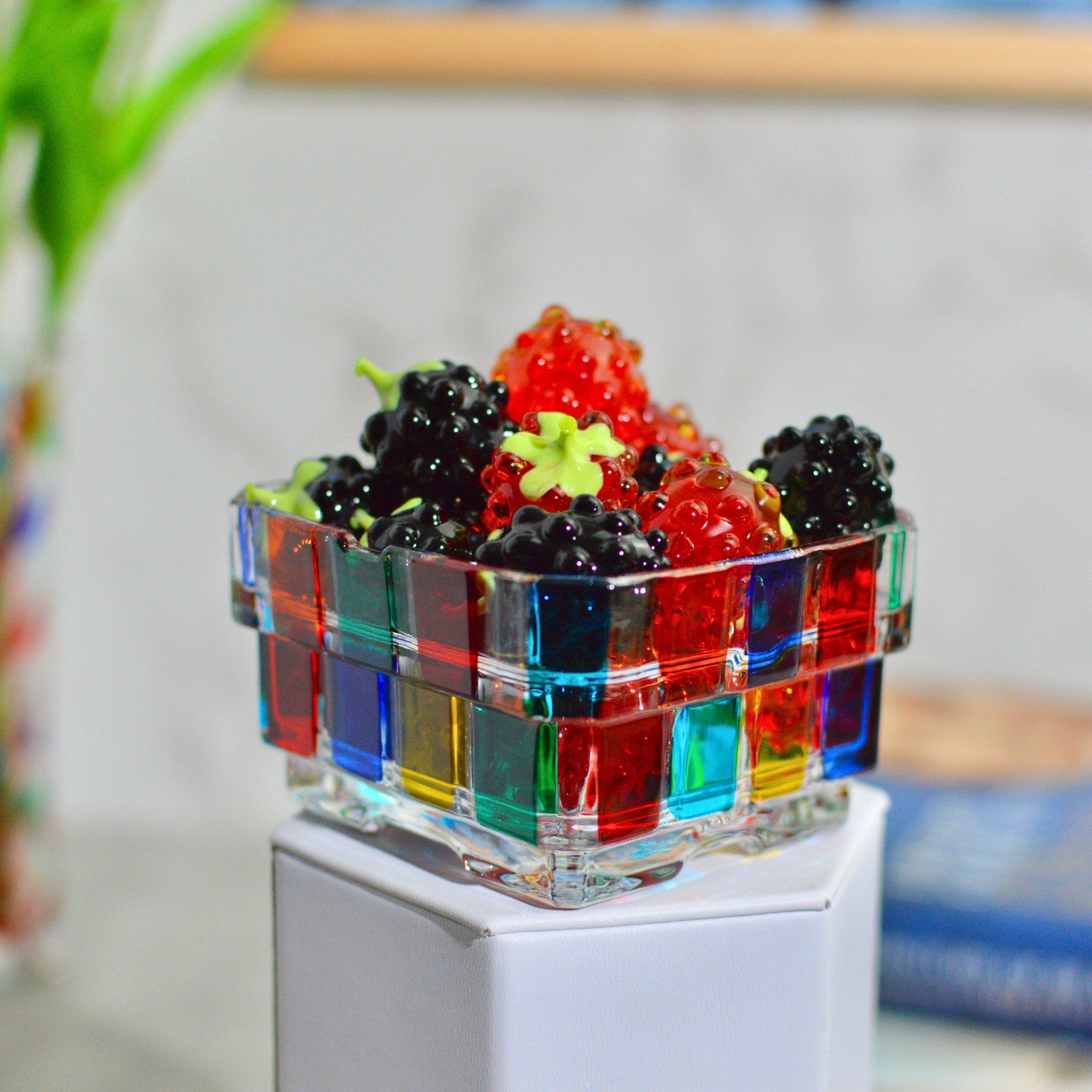 Decorative Pisa Italian Crystal Square Bowl filled with berries, showcasing elegant craftsmanship and clear crystal design.