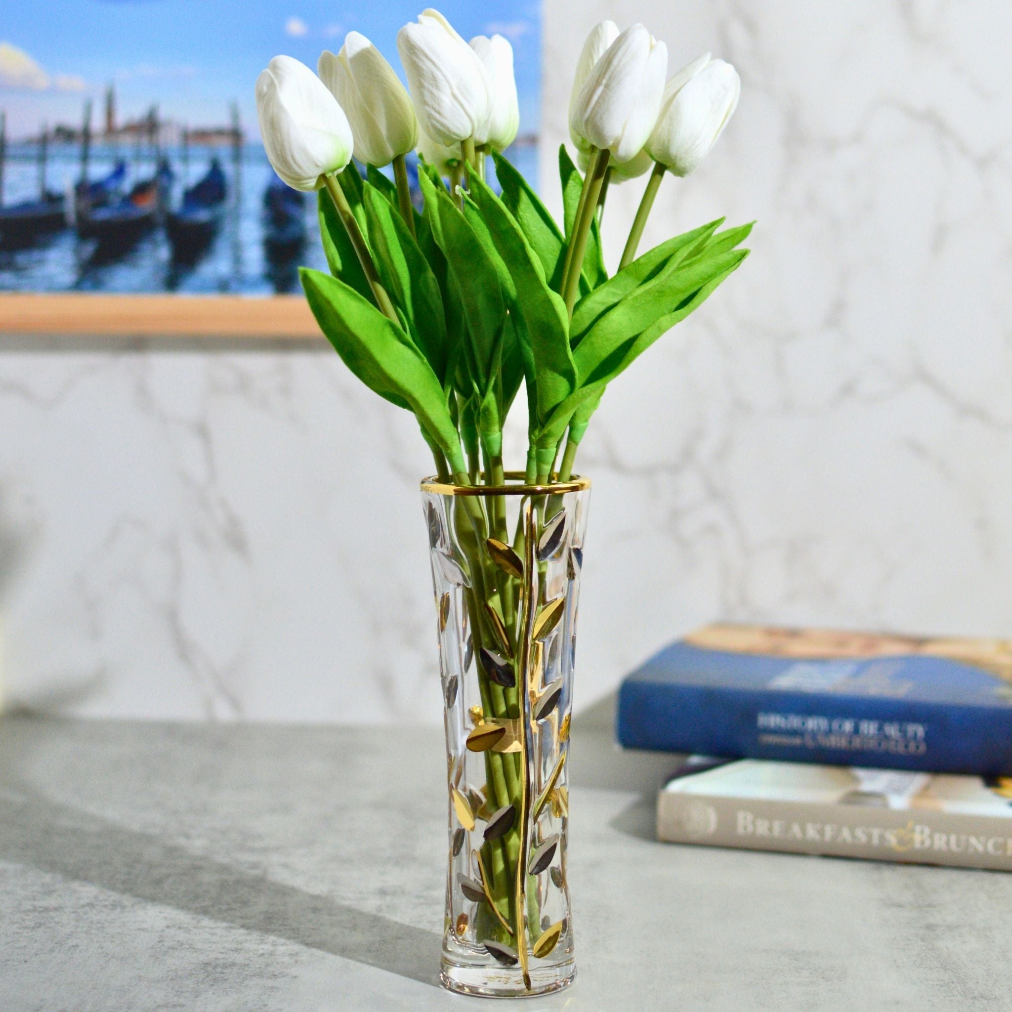 Flowervine platinum and gold Italian crystal bud vase with tulip flowers, elegant decorative glass vase by MyItalianDecor