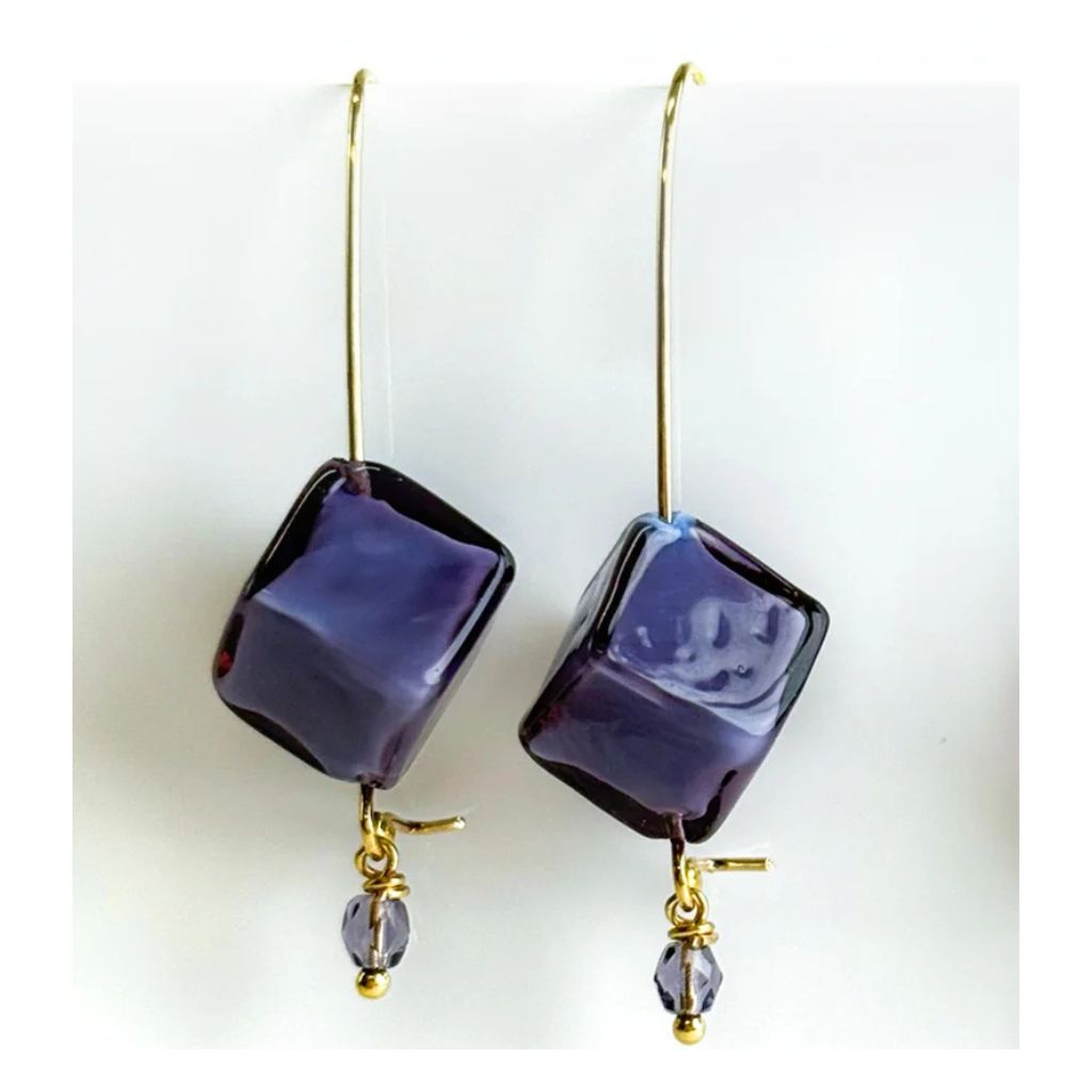 Gold Murano Glass Dolce Earrings handcrafted in Italy, featuring cube-shaped glass design with intricate craftsmanship by My Italian Decor.