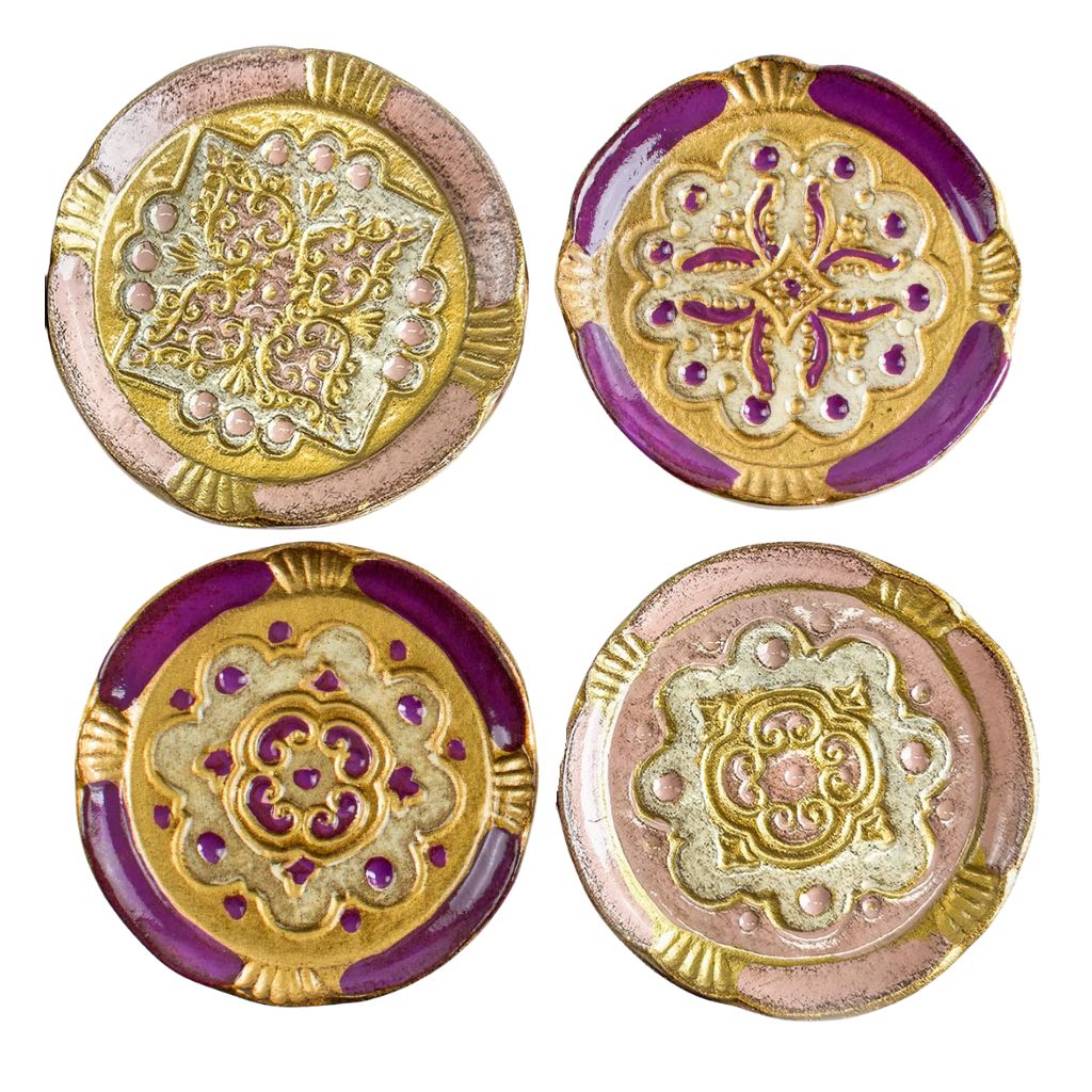 Decorative Florentine wood coaster set with plum-colored trays by My Italian Decor, featuring intricate Italian-inspired designs.