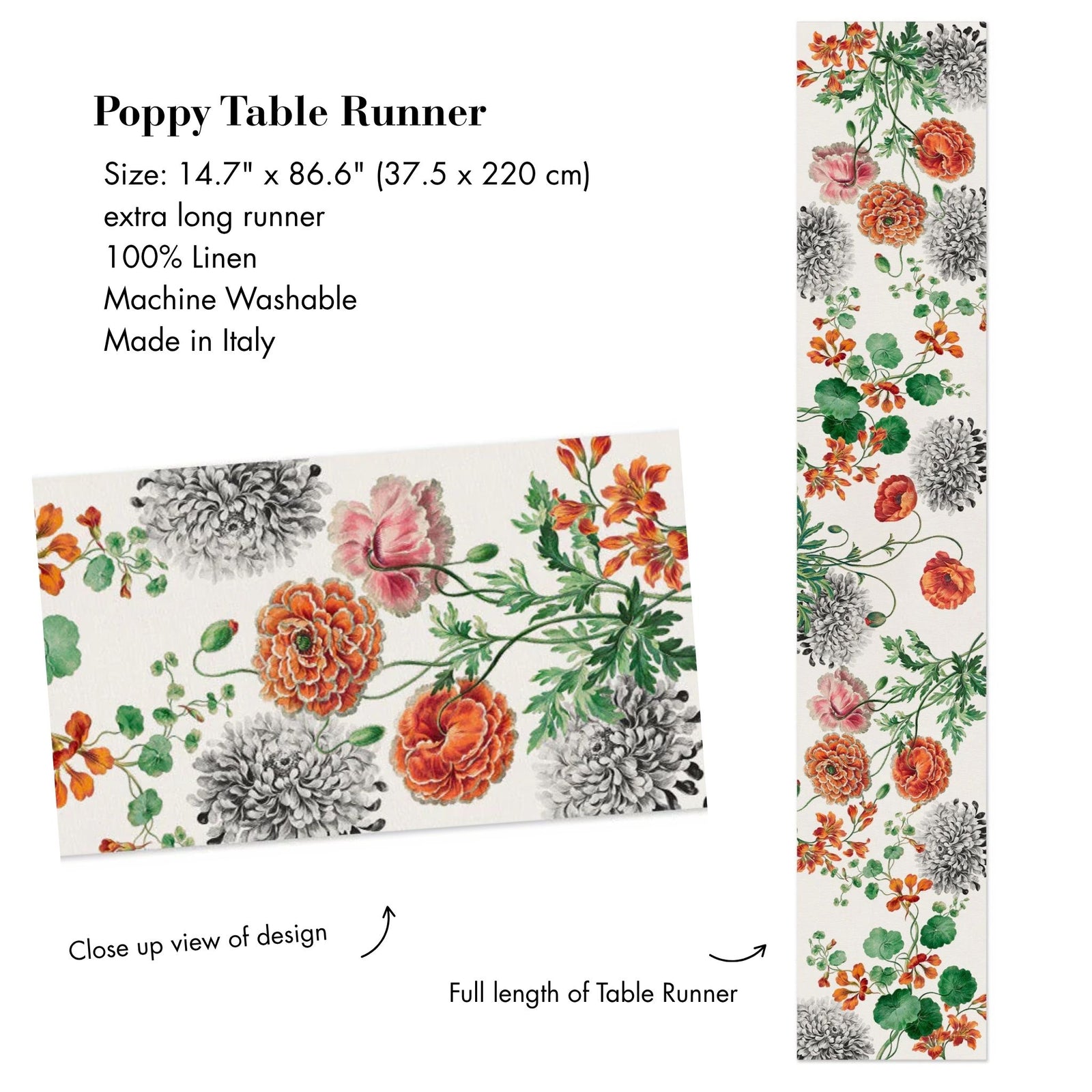 Linen table runner with floral and fruit patterns, made in Italy, from My Italian Decor, perfect for elegant table settings.