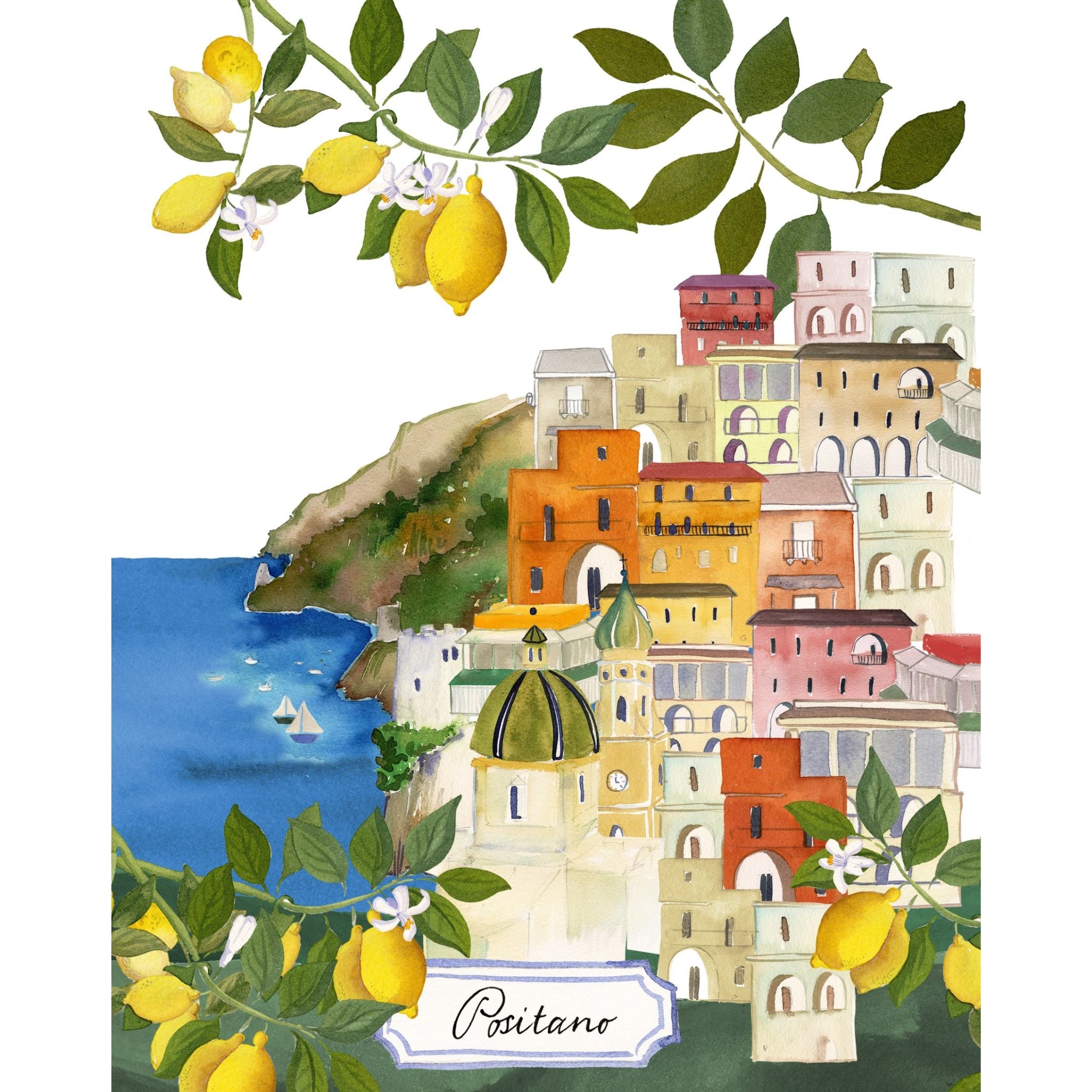 Bell'Italia linen kitchen towel featuring Positano design, made in Italy, perfect as a stylish table linen for home kitchens.
