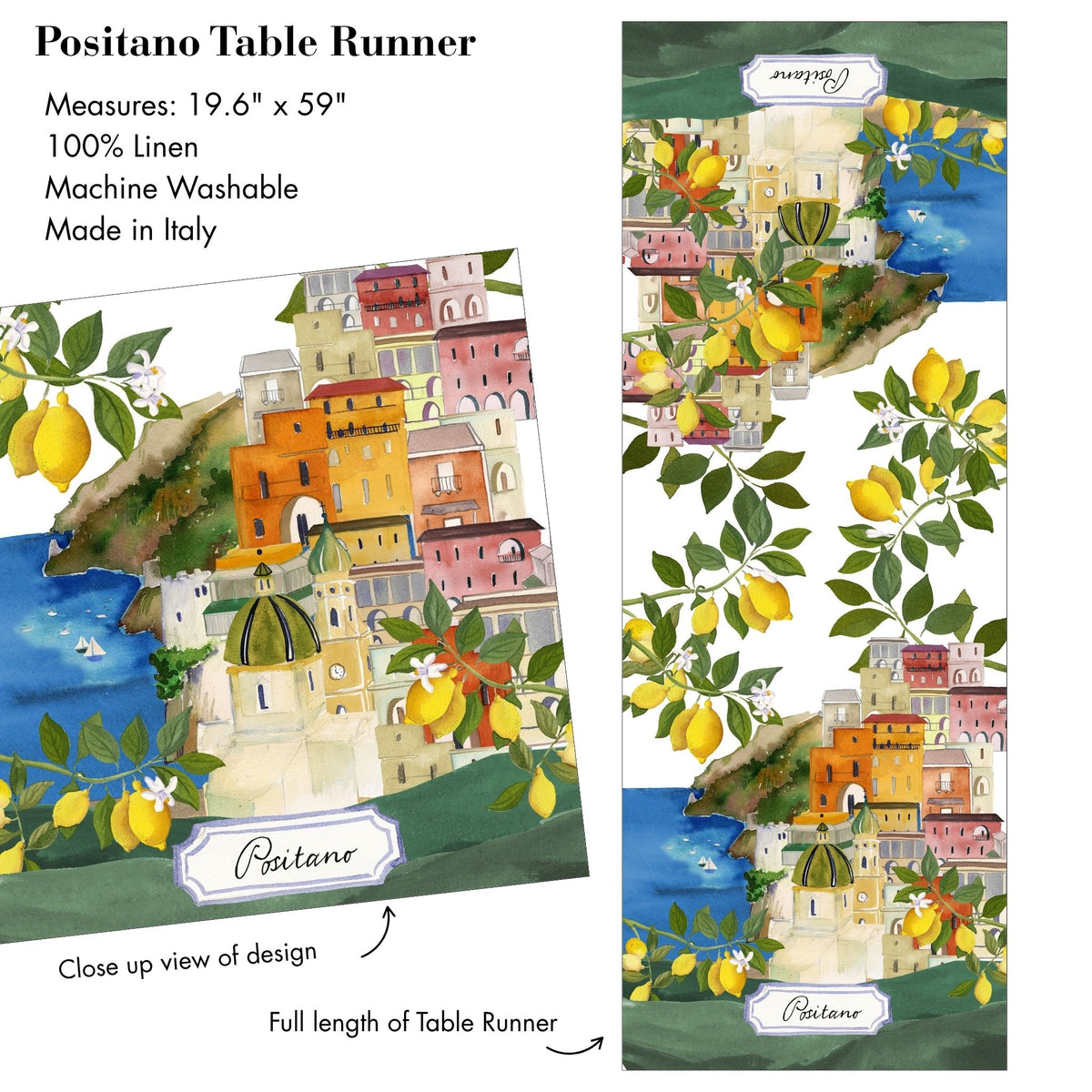 Bell&#39;Italia Table Runner, 100% Linen, Positano or Toscana, Made in Italy