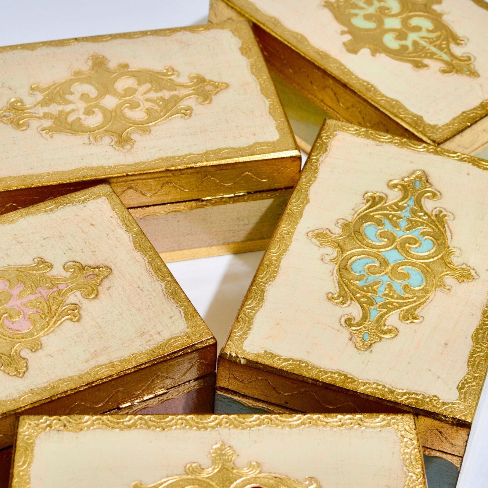 Stacked Florentine carved wood jewelry storage boxes by My Italian Decor, decorative 4x6 jewelry boxes with intricate carvings.
