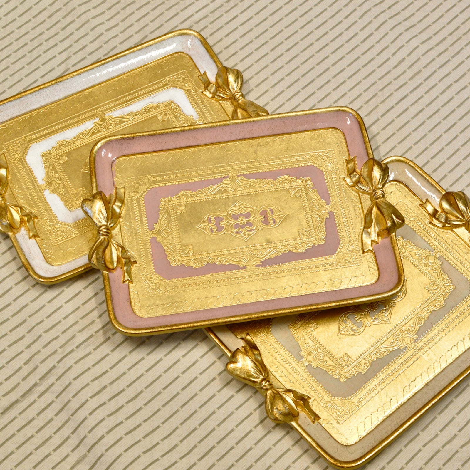 Decorative Florentine carved rectangle bow tray in white, pink, and cappuccino, made in Italy by My Italian Decor.
