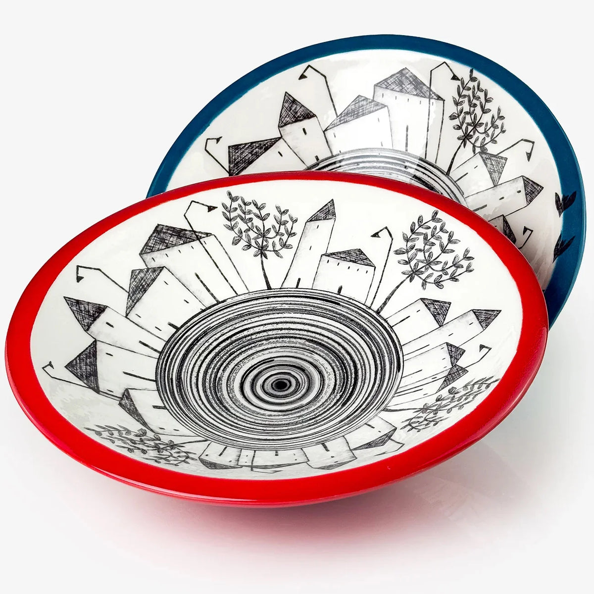 Hand-Painted Ceramic Italian Village Centerpiece Bowls