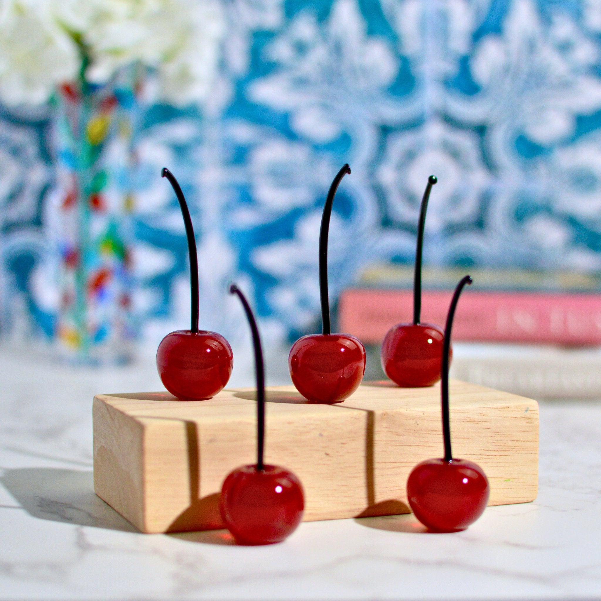 Set of five lifelike Murano glass cherries from Italy, realistic red artificial fruit for home decor by MyItalianDecor