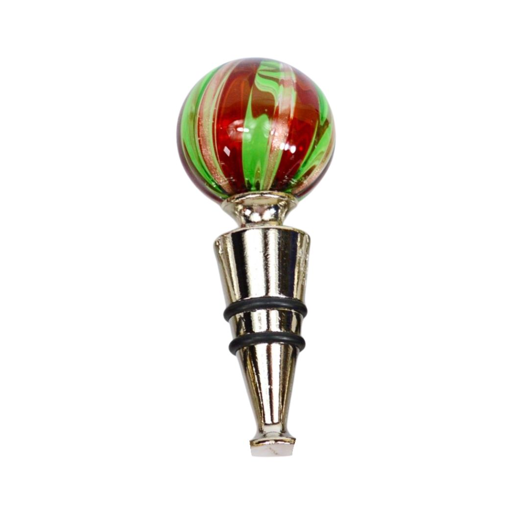 Red and green Murano glass wine stopper from Italy, decorative bottle saver with elegant craftsmanship.