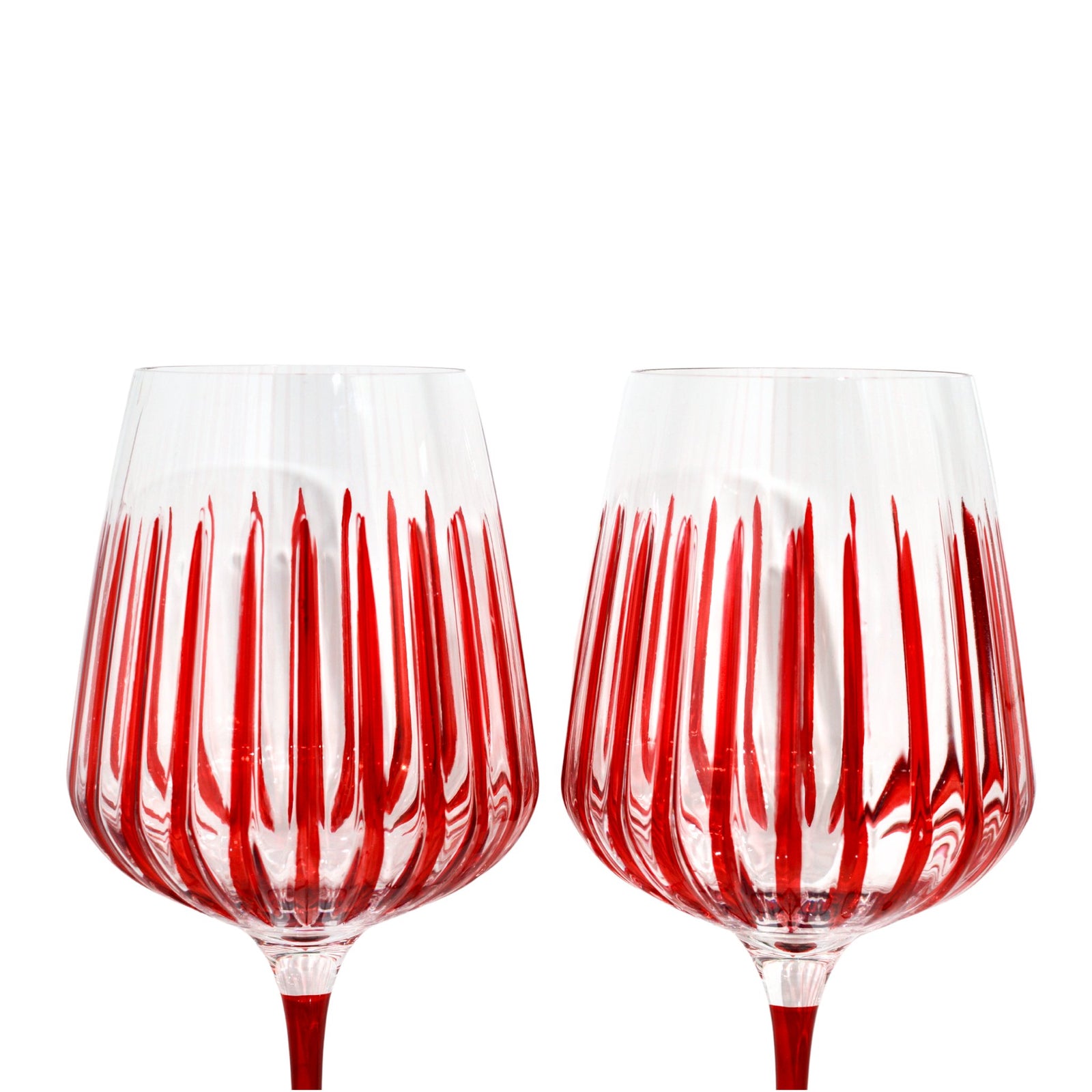 Set of two Italian DZ ruby red crystal spritz wine glasses with elegant shape, perfect for serving wine or cocktails.
