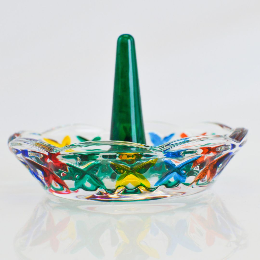 Colorful crystal ring holder by My Italian Decor, featuring vibrant blue, orange, red, or green glass jewelry box.