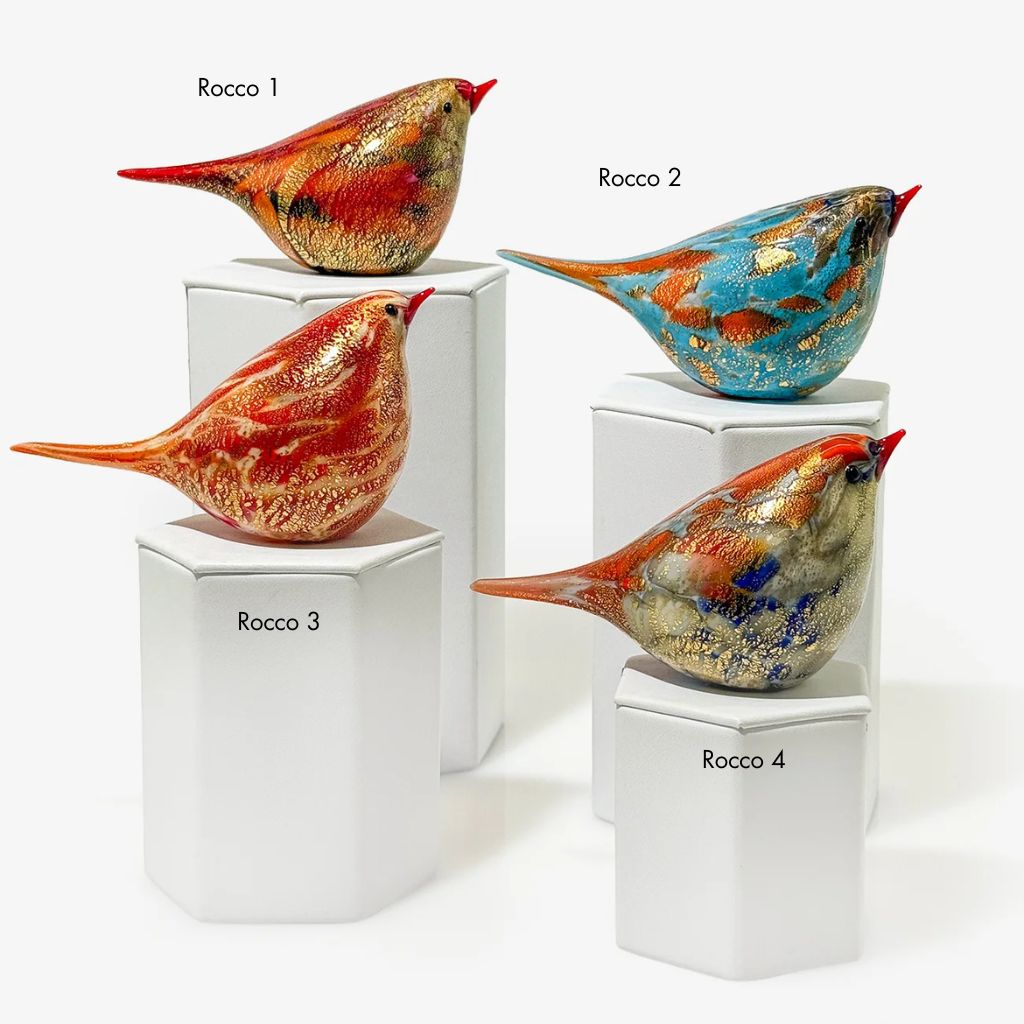 Murano Glass Handblown Chirpie Bird, Orange/Teal - Rocco