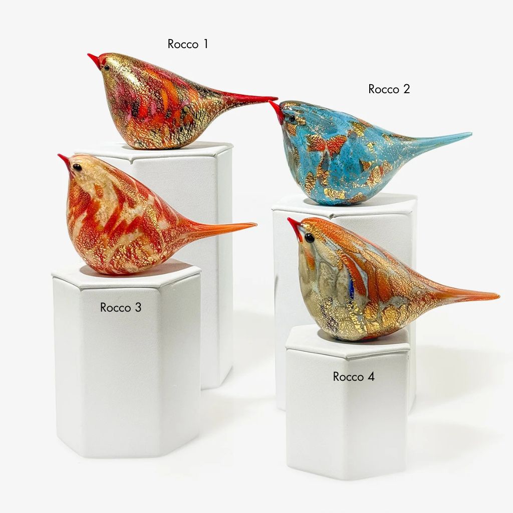 Murano Glass Handblown Chirpie Bird, Orange/Teal - Rocco