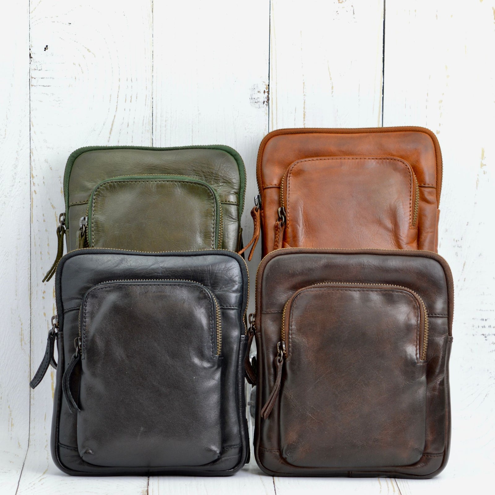 Green Roma Italian Leather Crossbody Bag from My Italian Decor, featuring a sleek design and adjustable strap.